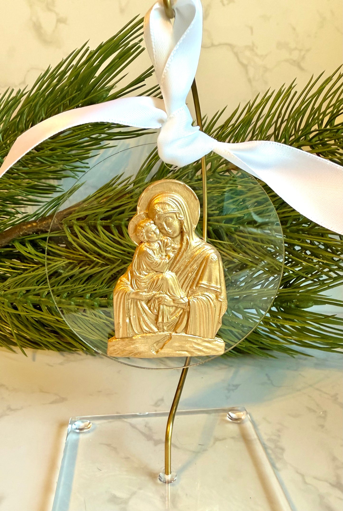 Mary and child on round acrylic ornament